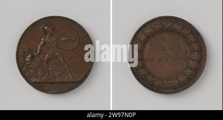 Médaille de récompense pour les défenseurs de la Citadelle d'Anvers 1832, au nom de C.J. van den Biest ??, David van der Kellen (1804-1879), médaille d'histoire 1832 Médaille de bronze, sur le front un soldat, en vêtements anciens avec bouclier et épée brisée, près d'une rivière sur une rivière, werts enemy arrows, avec un texte modifié et découpé, une salle d'écriture dans une lourde couronne de chêne sur le verso. Avec nom emmêlé. Bronze d'Utrecht (métal) frappe (travail des métaux) Banque D'Images