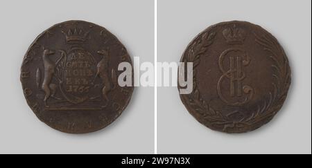 10 exemplaires de Sibérie dans le cadre de la Russie par Tsarina Catherina II, 1766 ,, 1766 pièces de monnaie cuivre. Devant : deux renards tenus comme porte-boucliers, donnés, blasons décorés, dans lesquels le texte vieregruilding en lettres cyrilliques, y compris l'année. Revers : entre deux branches attachées le monogramme couronné d'Ekaterinma II. Roulez. Battu à Kolyvan, Sibérie. cuivre (métal) frappe (travail des métaux) Banque D'Images