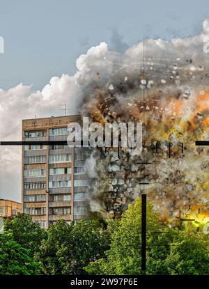 Mort de civils. Crimes de guerre. Le bâtiment visé est bombardé. Bâtiment détruit. Manipulation de photos. Banque D'Images