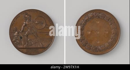 Médaille de récompense pour les défenseurs de la Citadelle d'Anvers 1832, avec rosettes, David van der Kellen (1804-1879), 1832 médaille d'histoire Médaille de bronze, sur le devant un soldat, en vêtements anciens avec bouclier et épée cassée, à côté de la rivière sur une rivière, Werts flèches ennemies, avec un changement et un texte découpé, une salle d'écriture dans une lourde couronne de chêne sur le verso. Insentée cinq rosettes. Bronze d'Utrecht (métal) frappe (travail des métaux) Banque D'Images