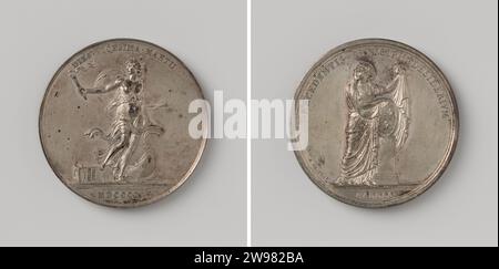 Retour de Napoléon Bonaparte de son exil sur l'île d'Elbe et fuite de Louis XVIII de France, Romain Vincent Jeuffroy, médaille d'histoire 1815 Médaille d'argent. Devant : Femme avec torche à la main ; autel et navire tombés en arrière-plan ; coupe : année. Revers : femme voilée, représentant la France couverte de son tapis sur pilier repose-bras avec des lys à l'intérieur de la couverture ; coupe : inscription FrancePartie argenté (métal) frappant (travail du métal) Elbe Banque D'Images