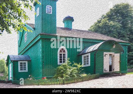 Mosquée historique en bois vert Lipka Tatar à Kruszyniany, Pologne, image d'effet de peinture à l'huile Banque D'Images