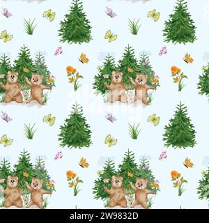 Porter un motif sans couture avec des ours drôles. Ours en peluche avec des fleurs et des arbres de Noël. Illustration pour enfants. Design pour textiles, pépinière Banque D'Images