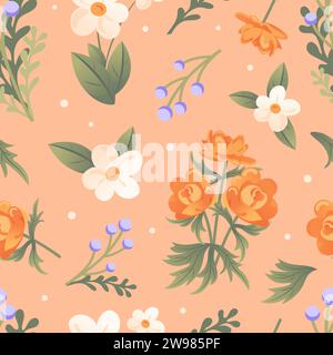Motif sans couture de délicates fleurs sauvages printanières. Trollius, immortelle, camomille. Dans le style de dessin animé. Pour papier peint, tissu, fond d'emballage Illustration de Vecteur
