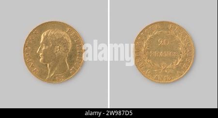 20 francs de France par Napoléon comme Empereur, année 13 [= 1804/5] ,, 1804 - 1805 pièce pièce d'or. Devant : buste de l'empereur à gauche. Revers : dans deux branches de baie liées, désignation de la valeur sur deux lignes. Conversion : République Francaise. En dessous de l'année 13 dans le nouveau décompte. À droite de cette lettre A [= Paris]. Roulez. Paris or (métal) frappe (travail des métaux) Banque D'Images