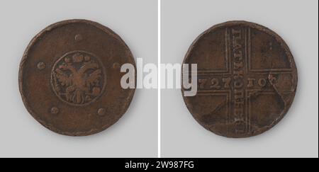 5 exemplaires de Russie par Tsarina Catherina I, 1727 , 1727 pièces de monnaie cuivre. Devant : aigle couronné à double tête à l'intérieur du cercle avec des ailes écartées et avec dans ses jambes sceptre et boule avec croix sur elle. Une couronne au-dessus de l'aigle. Autour du cercle 5 points. Revers : croix double-mine similaire, sur laquelle la désignation de la valeur et l'année. Désignation menthe HD en caractères cyrilliques [= Moscou]. Bord de câble. Moscou cuivre (métal) frappe (travail des métaux) Banque D'Images