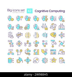 Grandes icônes linéaires multicolores 2D définies pour l'informatique cognitive Illustration de Vecteur