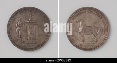 Naissance de Jacobus Frans Eduard, Prince de Galles, Jan Meltzing (I), médaille d'histoire 1688 Médaille d'argent. Devant : la vérité avec la couronne de jet tapote le serpent et ouvre la porte de l'armoire, dans laquelle les jésuites s'embrassent sur l'échelle avec un enfant avec tasse et couronne, dans le fond de l'approche de la flotte à l'intérieur. Revers : cheval de Troie avec couverture avec inscription, en arrière-plan, Troy brûle à l'intérieur de la couverture. Leiden argent (métal) frappe (travail des métaux) Banque D'Images