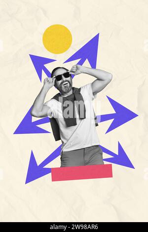 Collage tendance créatif de drôle homme mature énergique excité vacances d'été flèche point bizarre bizarre bizarre bizarre fantaisie inhabituel panneau d'affichage Banque D'Images