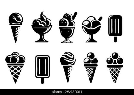 Sketch icônes de crème glacée desserts crémeux glacés, crème glacée gelato, cône de gaufrette, caramel eskimo ou glaçage au chocolat crème fouettée sundae et glace aux fruits, boules de vanille fraîche Illustration de Vecteur