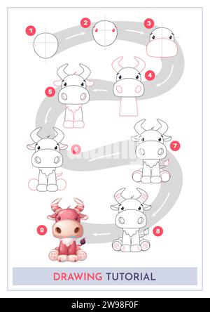 Comment dessiner un Bull. Tutoriel de dessin étape par étape. Dessiner un guide. Instruction simple pour les enfants et les adultes. Illustration de Vecteur