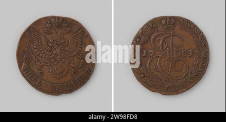 5 exemplaires de Russie par Tsarina Catherina II, 1781 , 1781 pièces de monnaie cuivre. Devant : aigle couronné à double tête avec ailes écartées, avec l'ordre du chevalier accroché à sa poitrine et avec dans ses jambes sceptre et bulbe avec croix sur elle. Une couronne au-dessus de l'aigle. A gauche et à droite sous la queue les lettres e m [= Ekaterinbourg]. Au bas d'une indication de valeur de banderole. Revers : dans deux branches liées entre l'année couronnée monogramme de la tsarine. Bord de câble. cuivre (métal) frappe (travail des métaux) Banque D'Images