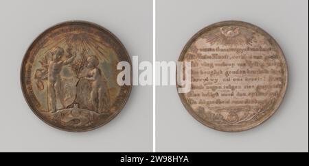 Cinquante ans de mariage de Hendrik Hooft Gerritsz., anciens navires d'Amsterdam et Susanna Adriana Hasselaer, Johan George Holtzhey, médaille d'argent 1786. Devant : deux génies abattus par la lumière céleste ; à gauche garde l'épée et les écailles, tandis que la droite tient deux branches d'olivier et deux armoiries ; en dessous de cette console avec les armoiries couronnées, traînant avec les branches de feuilles et le fanion avec inscription à l'intérieur de la couverture. Revers : inscription sous straelnd allsezend oeil au milieu des nuages, et à l'étage fanion avec inscription, l en serpents ronds et deux branches d'olivier croisées Amsterdam argent (métal) frappant Banque D'Images