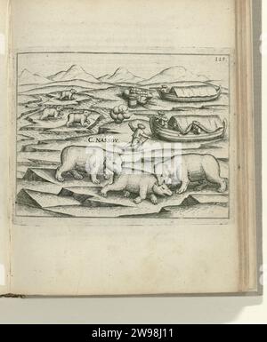 Attaque par trois ours polaires sur les sloops, 1597, Anonyme, d'après Gerrit de Veer, 1598 imprimer les sloops ont été sortis de l'eau à Kaap Nassau et sont attaqués par trois ours polaires, les 28 et 29 juin 1597. Au premier plan, deux des ours polaires mangent un troisième ours polaire abattu. En face de la page 103 dans : 'relation de Warhafftige. Der Dreyen Newen Unerhörten Seltzamen Schiffart so Die Holländischen und Seeländischen Schiff .... Anno 1594, 1595 und 1596 ont joué '(1598). Nuremberg gravure sur papier Nouvelle Zembla Banque D'Images