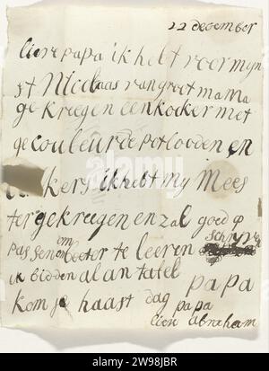 Lettre d'Abraham Calkoen pour papa, Abraham Calkoen, 1779 - 1790 lettre lettre manuscrite d'Abraham Calkoen à son père indiquant qu'il a reçu un tube avec des crayons pour Sinterklaas de sa grand-mère, la lettre datée de décembre 22. Écriture papier aux pays-Bas (processus) Banque D'Images