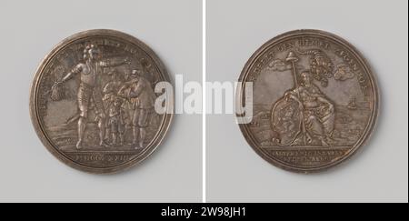 Enquête Der Salzburger Emigranten aux pays-Bas, Martin Holtzhey, médaille d'histoire 1733 Médaille d'argent. Devant : Homme en armure avec faisceau de flèches à la main abrité avec son bouclier deux femmes, homme qui tient chapeau à la main et enfant à l'intérieur de la couverture ; coupe : année. Revers : les pays-Bas, représenté comme une femme appuyée sur un blason et avec une lance avec un chapeau de liberté sur elle à la main, dans le fond de la terre au bord de la mer, au-dessus de sa tête une corne inversée d'abondance dans la couverture ; Cut : inscription. Amsterdam argent (métal) frappant (travail du métal) Trinity Church. Breskens Banque D'Images