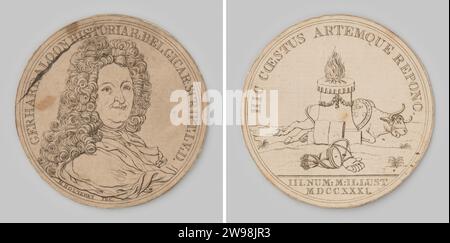 Achèvement de la description des jetons hollandais par Gerard van Loon 1731 , 1731 médaille d'histoire les images imprimées de 'continue on Van Loon' collent ensemble, sur le devant le buste de Van Loon à droite avec un changement, un OS mort et des gants de combat de poing avec un autel brûlant sur le revers, avec un changement et un texte découpé. impression / collage de papier Banque D'Images