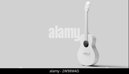 Corps acoustique guitare blanche avec ombre sur fond blanc. concept minimal créatif. Copiez l'espace pour votre publicité, monochrome. Rendu 3D. Banque D'Images