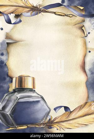 Puits d'encre à l'encre bleue avec stylo d'écriture or, rubans, taches et éclaboussures. Illustration à l'aquarelle dessinée à la main. Cadre, modèle vertical pour texte sur un Banque D'Images