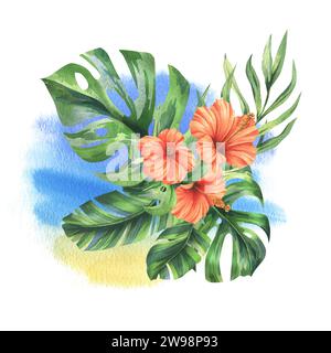 Feuilles de palmier tropical, monstera et fleurs d'hibiscus rouge, juteux brillant. Illustration botanique à l'aquarelle dessinée à la main. Composition isolée sur un Banque D'Images