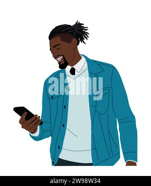 Homme noir tenant le vecteur de téléphone portable isolé. Illustration de Vecteur