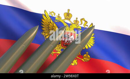 Rendu 3D - missiles militaires russes sur fond du drapeau national de la Fédération de Russie. Banque D'Images