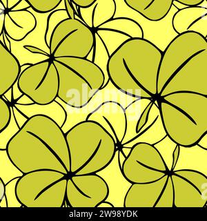 motif asymétrique sans couture de feuilles de trèfle dans des tons jaune moutarde et des contouros noirs, design, texture Banque D'Images