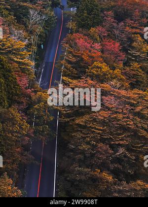 Un paysage pittoresque avec une route sinueuse et des arbres d'automne. Japon Banque D'Images