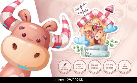 Bull dans les toilettes - autocollant mignon Illustration de Vecteur