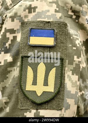 Drapeau ukrainien sur uniforme militaire. Forces armées ukrainiennes. Soldat ukrainien. Ukrainien dans l'armée. Banque D'Images