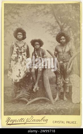 Portrait de groupe de trois habitants originaux de l'Australie ; Jenny, son fils Toby et Billy dans le Crystal Palace à Londres lors de leur tournée européenne dirigée par Richard A. Cunningham, Anonymous, Negretti & Zambra, 1884 cabinet photographie papier Angleterre. papier blanc en carton races humaines ; peuples ; nationalités. personnes historiques anonymes dépeintes dans un groupe, dans un portrait de groupe. Collection, exposition, spectacle Crystal Palace. Londres Banque D'Images
