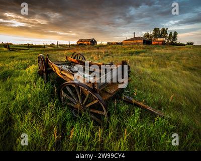 Vieux wagon sur une ferme abandonnée dans le centre de la Saskatchewan. Le wagon vient de l'ère tirée par les chevaux. Des fermes abandonnées comme celle-ci parsèment les prairies. Banque D'Images