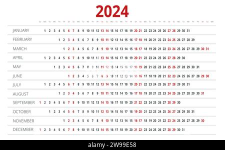 Planificateur de calendrier pour 2024. Calendrier mural coloré en anglais sur fond blanc. Horizontal, orientation paysage Illustration de Vecteur