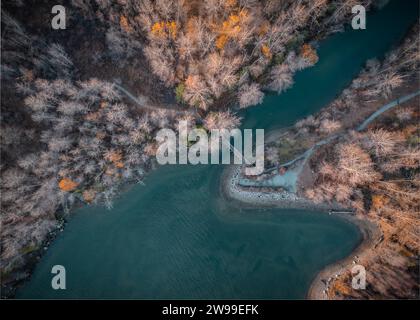 Une vue aérienne de haut en bas de la zone forestière en hiver avec un ruisseau et un pont en bois au milieu de la côte de North Vancouver, Canada Banque D'Images