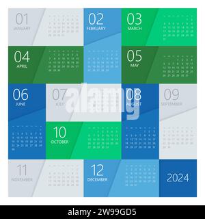 Planificateur de calendrier pour 2024. Modèle de calendrier pour 2024. Calendrier corporatif et professionnel 24. La semaine commence le dimanche Illustration de Vecteur