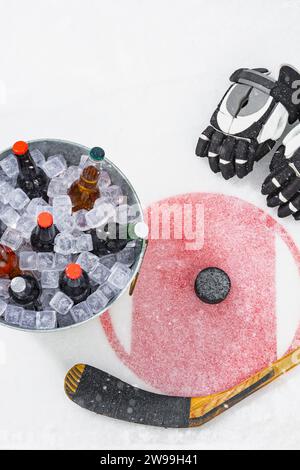 Regardant vers le bas sur un hockey sur glace et un pot de bière dans le cercle faceoff Banque D'Images