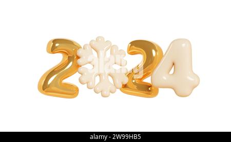 2024 texte gonflable de ballon d'or avec illustration de rendu 3d flocon de neige de Noël. Banque D'Images