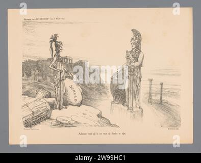 Athènes : ce qu'elle est et ce qu'elle pense être, Marius Bauer, 1897 Cartoon en position faible de la Grèce en 1897 au moment du soulèvement en Crète contre les Turcs. Personnification de la Grèce, gauche telle qu’elle est réellement : maigre et chargée de dettes, à droite telle qu’elle se voit : jeune et puissante. Caricatures et satires politiques sur papier d'Amsterdam. temple, sanctuaire  religion romaine. (Histoire de) Minerve (Pallas, Athéna). personnifications de pays, nations, états, districts, etc (+ nation ; national) Grèce Banque D'Images