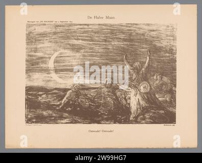 De Halve Maan, Marius Bauer, 1897 print Cartoon sur le réveil des pays islamiques et la bataille en Afghanistan et Beloetsjistan (Baloutchistan). Le papier de la Haye déclinant lune, c'est-à-dire face à cette voie (. Caricatures politiques et satires Afghanistan. Baluchestan Banque D'Images