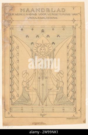 Couverture pour : Magazine mensuel de l'Association pour l'amélioration de VrouwenKleging, 1901, Reinier Willem Petrus de Vries (1874-1953), 1901 dessin Femme ailée debout dans une longue robe avec une couronne de rayons lumineux autour de sa tête. En plus de la femme, deux filles s'agenouillent. Ils portent une branche de palmier dans une main et atteignent l'autre main jusqu'à la femme debout. Le spectacle est entouré d'un cadre rectangulaire orné. papier calque. Figure debout crayon - AA - figure humaine féminine. Figure agenouillée - AA - figure humaine féminine. ornements  art Banque D'Images