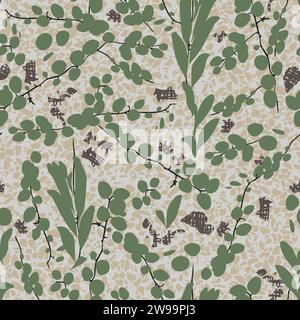Vector beige tropical à feuilles rondes creeper plante duit-duit Pyrrosia piloselloides sur terazzo beige motif sans couture. Convient pour papier peint et textile. Illustration de Vecteur