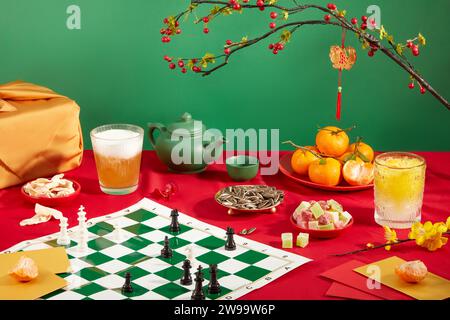 Un échiquier hippique, un verre de boisson non alcoolisée, une assiette de mandarines, une assiette de graines de tournesol, une assiette de bonbons gélifiés colorés, un service à thé, etc sont Banque D'Images
