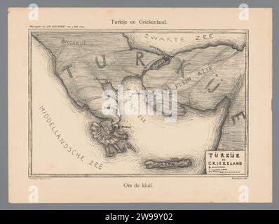 Turquie et Grèce, Marius Bauer, 1897 print caricature sur la lutte entre la Grèce et la Turquie au sujet de la Crète. Carte avec la Turquie comme un turc avec la Grèce en difficulté dans sa main et la Crète comme un os. Cartes papier d'Amsterdam, atlas. Caricatures politiques et satires Turquie. Grèce. Crète Banque D'Images