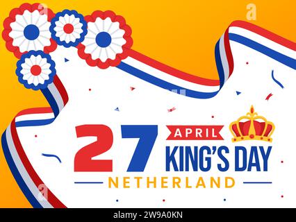 Happy Kings Netherlands Day Illustration vectorielle le 27 avril avec des drapeaux ondulants et du ruban dans la conception de fond de dessin animé plat King Celebration Illustration de Vecteur
