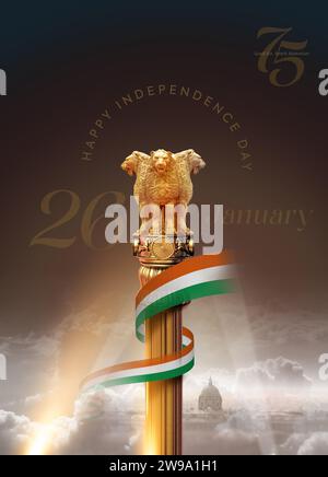 Nouvel emblème de l'Inde 2022. Look 3D et création d'affiches à l'occasion des 75 ans d'indépendance de l'Inde. Banque D'Images