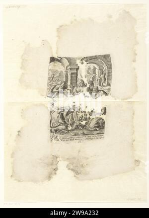 Adoration par les Rois, Frans Floris (I) (École de), 1570 - 1596 impression avec l'enfant Christ, Marie est assise sur ses genoux devant une fête voûtée. Derrière elle se trouve Joseph. Les trois rois de l'est s'agenouillent et offrent à Christ leurs dons. En arrière-plan, vous pouvez voir comment les bergers suivent l'étoile. Dans la marge inférieure un texte latin de deux lignes. Reconstruit à partir de deux fragments. Sud des pays-Bas gravure sur papier adoration des rois : les Sages présentent leurs dons au Christ-enfant (or, encens et myrrhe) Banque D'Images