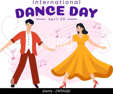 Illustration vectorielle de la Journée internationale de la danse le 29 avril avec danse professionnelle exécutant couple ou célibataire sur scène dans fond de dessin animé plat Illustration de Vecteur