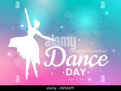 Illustration vectorielle de la Journée internationale de la danse le 29 avril avec danse professionnelle exécutant couple ou célibataire sur scène dans fond de dessin animé plat Illustration de Vecteur