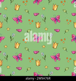 Motif abstrait sans couture avec couronnes, papillons, fleurs et étoiles. Motif enfantin créatif. Idéal pour le tissu, textile Illustration Banque D'Images