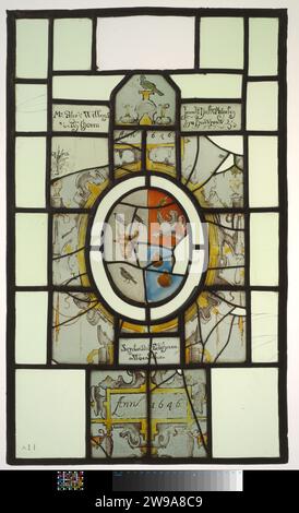 Fenêtre avec arme dans laquelle une tête de boeuf, des oiseaux, des cloches et un lion grimpant et des inscriptions, anonyme, 1646 panneau avec diverses fenêtres décrites ou peintes. Au milieu, une fenêtre ovale avec une arme dans laquelle, entre autres, une tête de bœuf, trois oiseaux et trois sifflets et la légende, entre autres, «M. Pieter Willems van Rythoven, Janneke NIEHS c. Miselen Syn Housewife, secretary to Eindhoven and Woenselen anno 1646». verre. plomb (métal). Banque D'Images